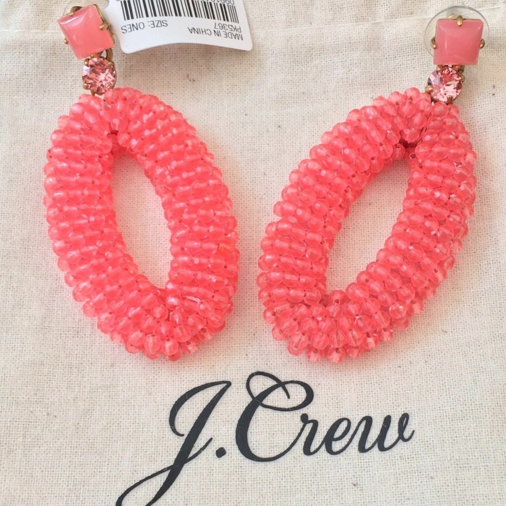 NWT J. CEW Bright BEADED OVAL Wild Coral EARRINGS